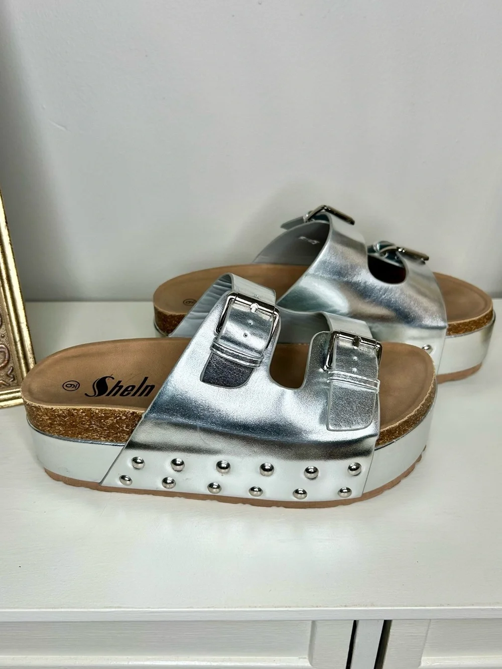 NEW Metallic Silver Double-Buckle Slide Sandal